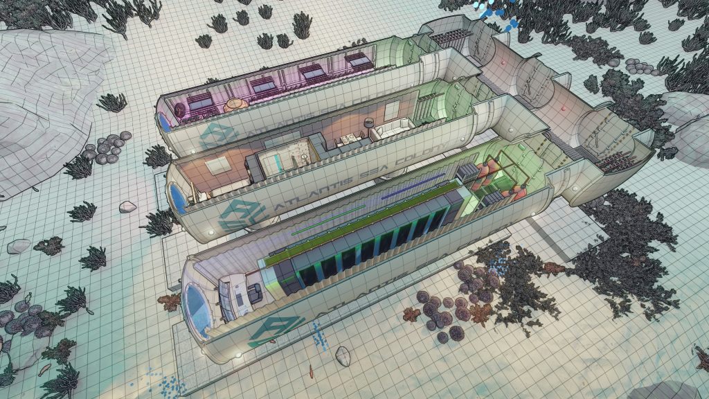 Atlantis Sea Colony underwater habitat, underwater hotel, underwater data center, underwater greenhouse, underwater scientific exploration