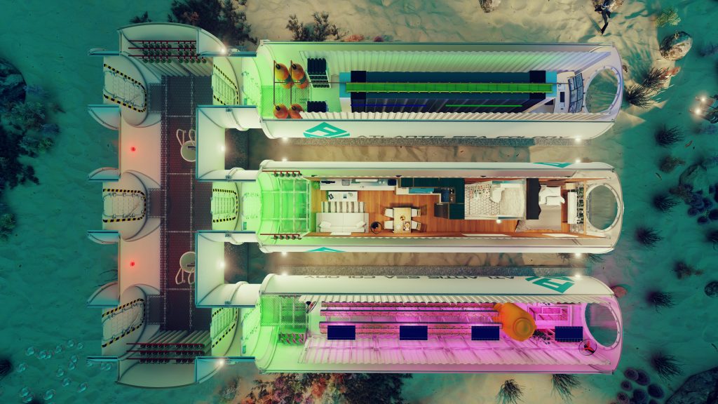 Atlantis Sea Colony underwater habitat, underwater hotel, underwater data center, underwater greenhouse, underwater scientific exploration